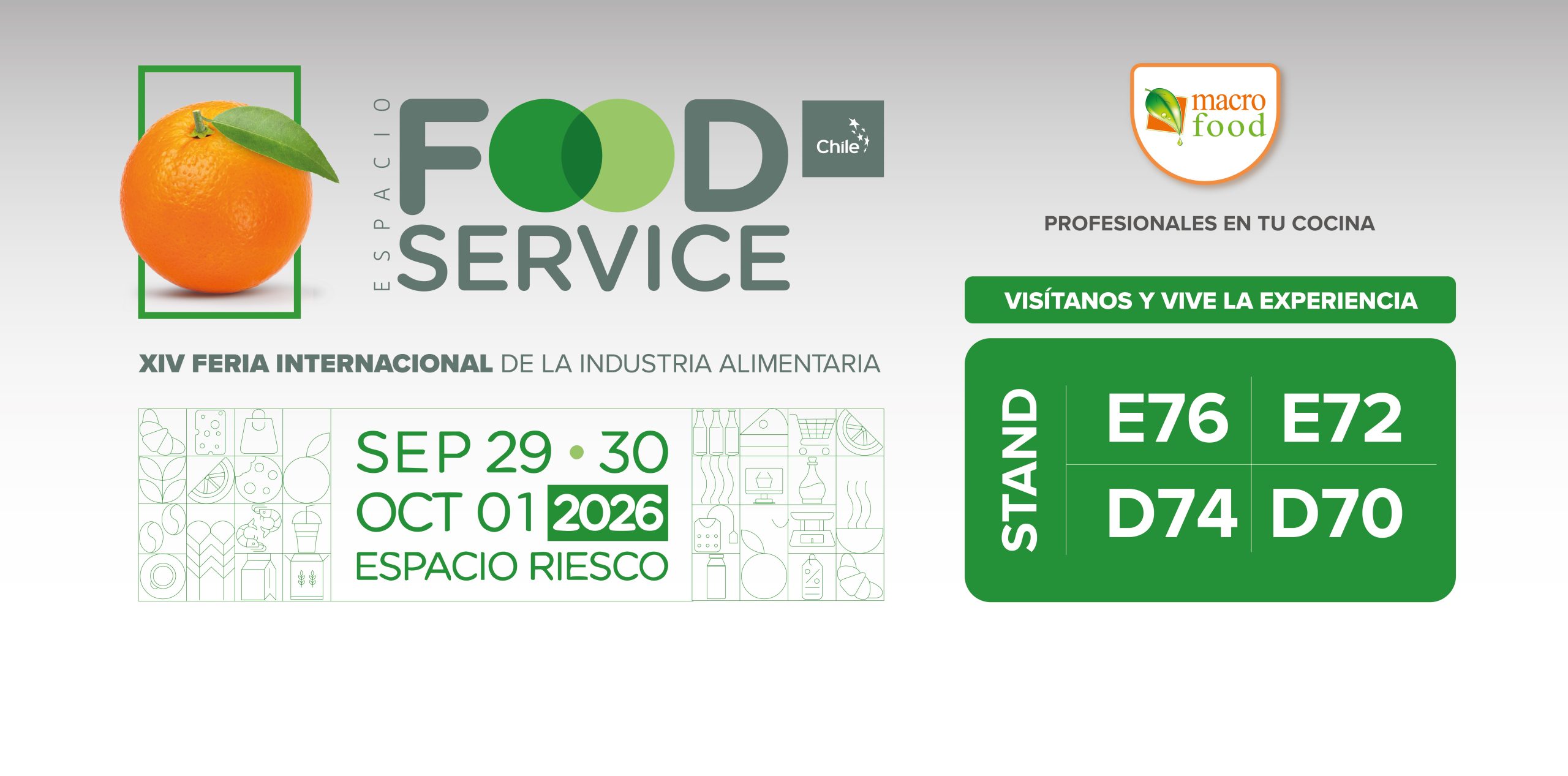 Promotional banner for a food expo featuring an orange with a green frame beside the 'FOOD SERVICE' logo, announcing the XIV Feria Internacional de la Industria Alimentaria (Sept 29–Oct 1, 2026) at Espacio Riesco.