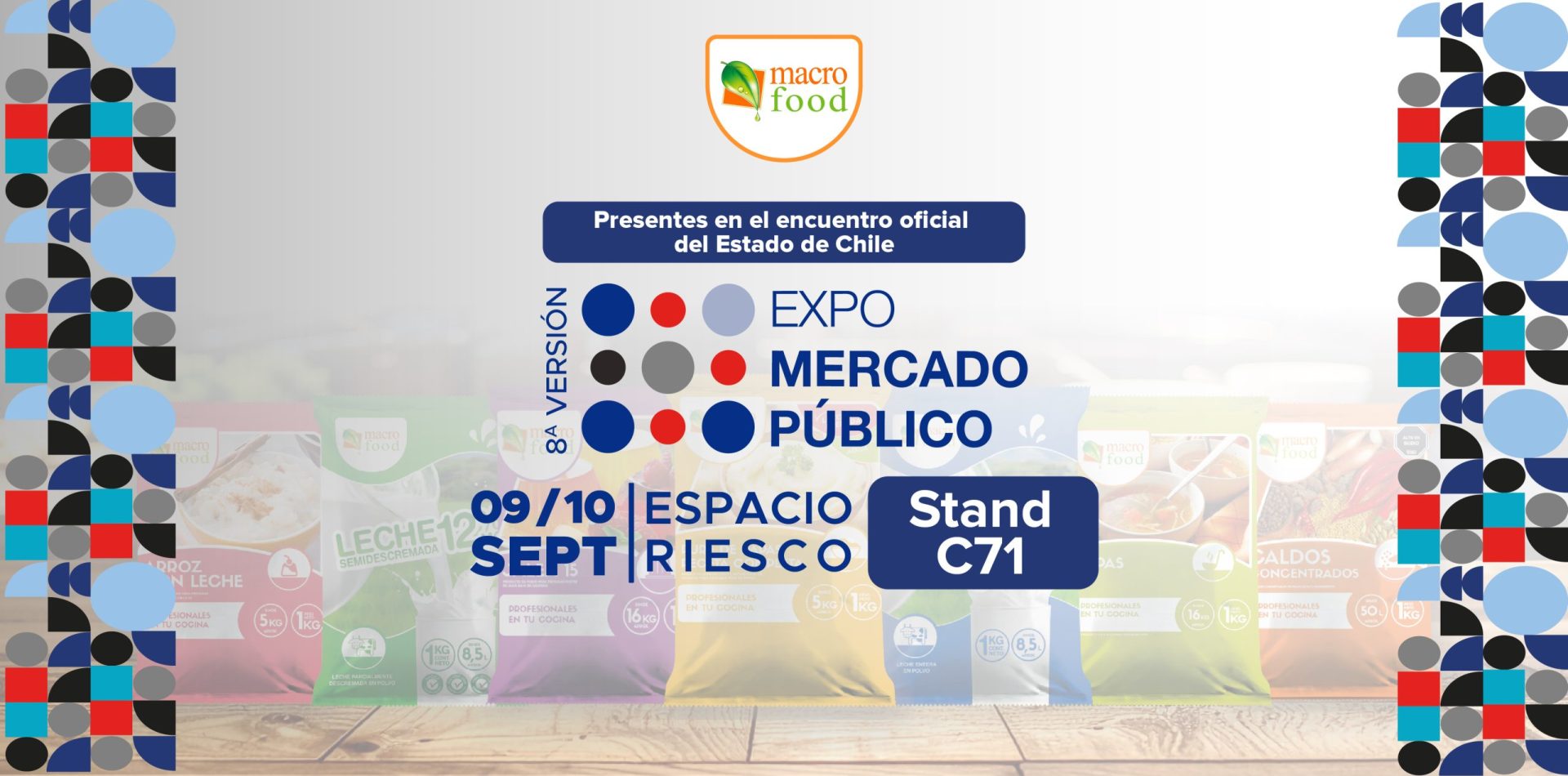 Banner for Expo Mercado Público: 8ª versión, Espacio Riesco, stand C71, 9–10 Sept., with Macro Food logo and colorful geometric border.