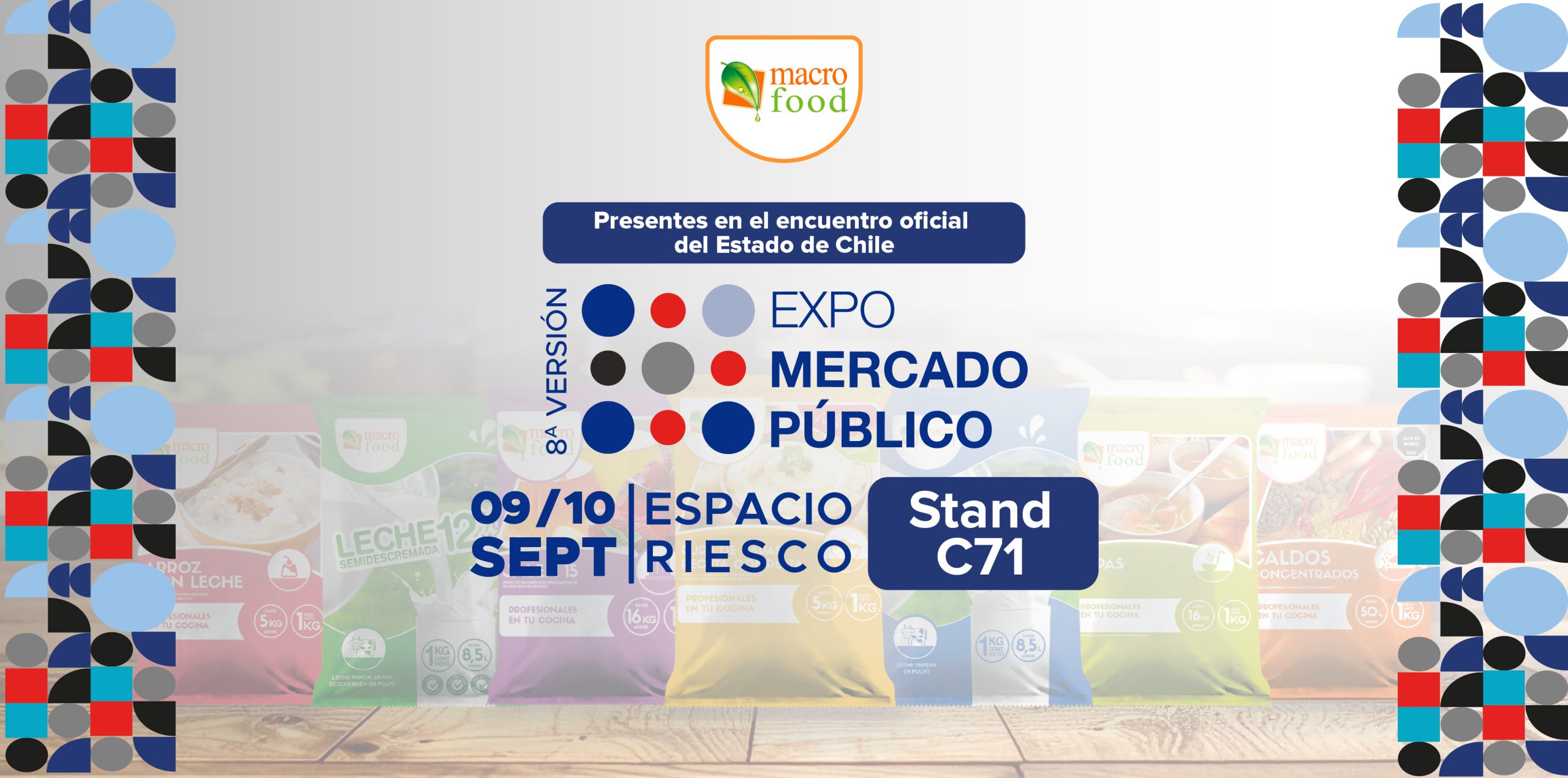 Banner for Expo Mercado Público: 8ª versión, Espacio Riesco, stand C71, 9–10 Sept., with Macro Food logo and colorful geometric border.